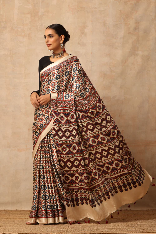 Tenaaro Ajrakh Hand Block Printed Modal SatinSaree - Image 5