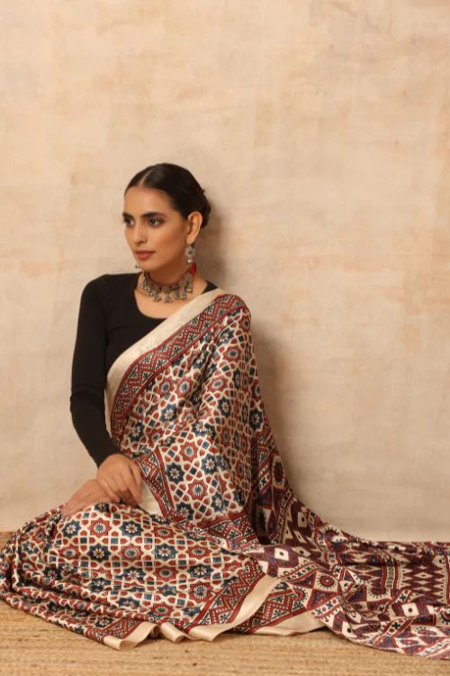Tenaaro Ajrakh Hand Block Printed Modal SatinSaree - Image 7