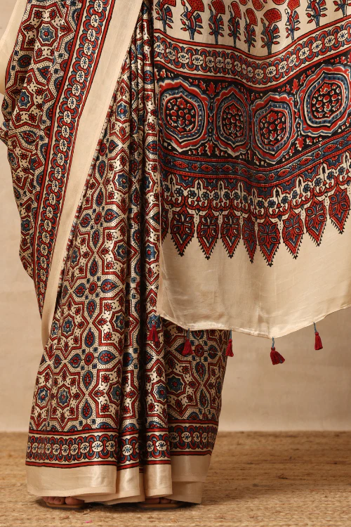 Tenaaro Ajrakh Hand Block Printed Modal Satin Saree - Image 3