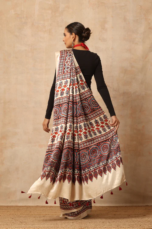 Tenaaro Ajrakh Hand Block Printed Modal Satin Saree - Image 5