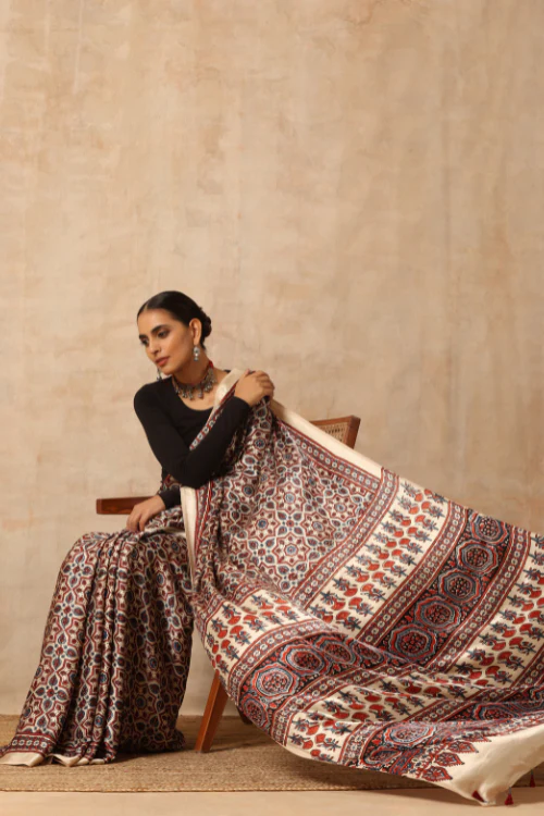 Tenaaro Ajrakh Hand Block Printed Modal Satin Saree - Image 7