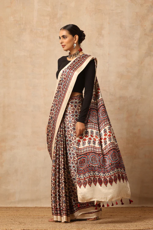 Tenaaro Ajrakh Hand Block Printed Modal Satin Saree - Image 9