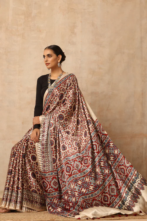 Tenaaro Ajrakh Hand Block Printed Modal Satin Saree