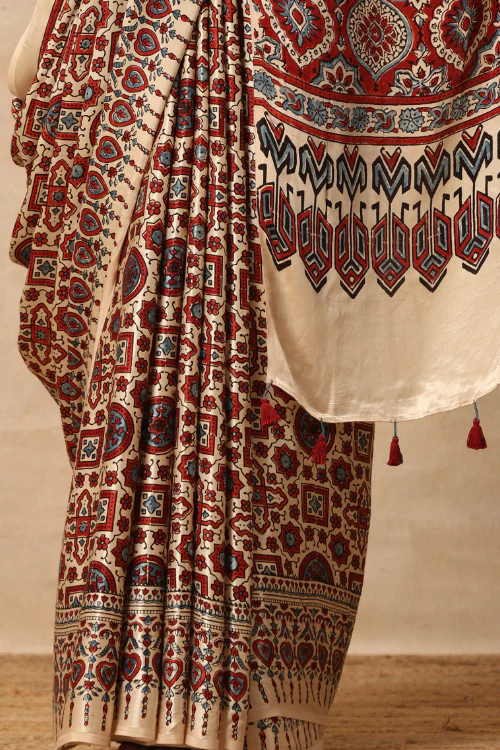 Tenaaro Ajrakh Hand Block Printed Modal Satin Saree - Image 3