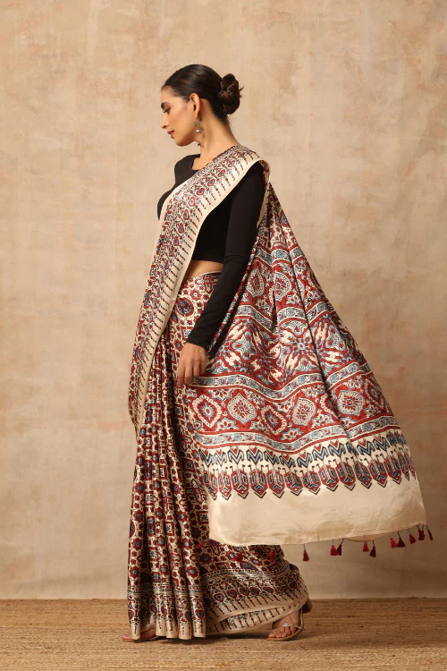 Tenaaro Ajrakh Hand Block Printed Modal Satin Saree - Image 4