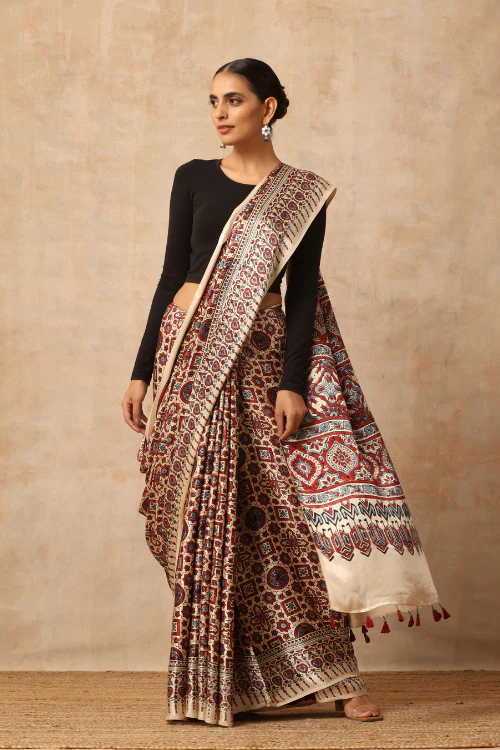 Tenaaro Ajrakh Hand Block Printed Modal Satin Saree - Image 6