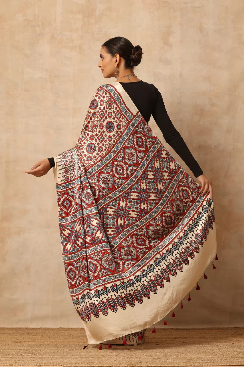 Tenaaro Ajrakh Hand Block Printed Modal Satin Saree - Image 7