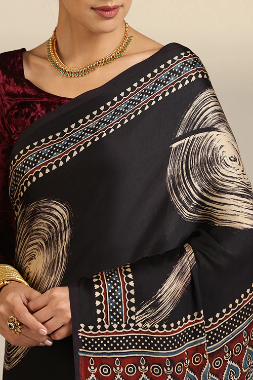 Tenaaro  Ajrakh Hand Block Printed Modal Satin Saree - Image 2