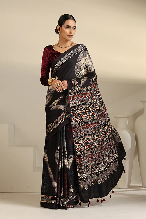 Tenaaro  Ajrakh Hand Block Printed Modal Satin Saree - Image 3