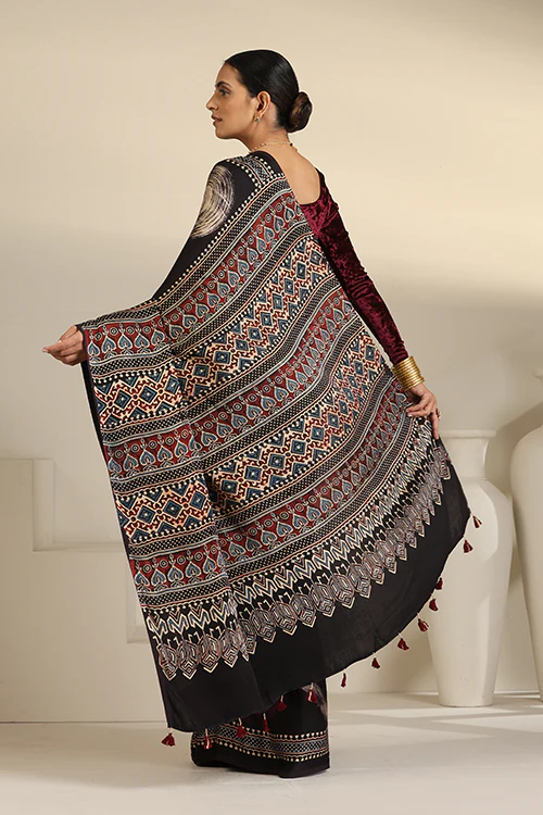 Tenaaro  Ajrakh Hand Block Printed Modal Satin Saree - Image 4