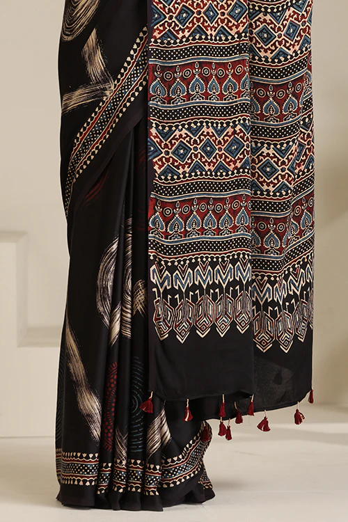 Tenaaro  Ajrakh Hand Block Printed Modal Satin Saree - Image 7