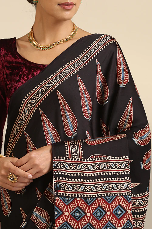 TENAARO  Ajrakh Hand Block Printed Modal Satin Saree - Image 2
