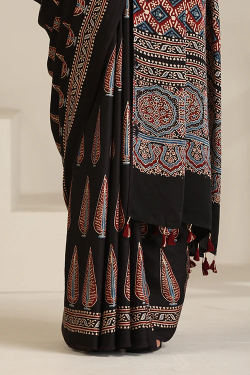 TENAARO  Ajrakh Hand Block Printed Modal Satin Saree - Image 3