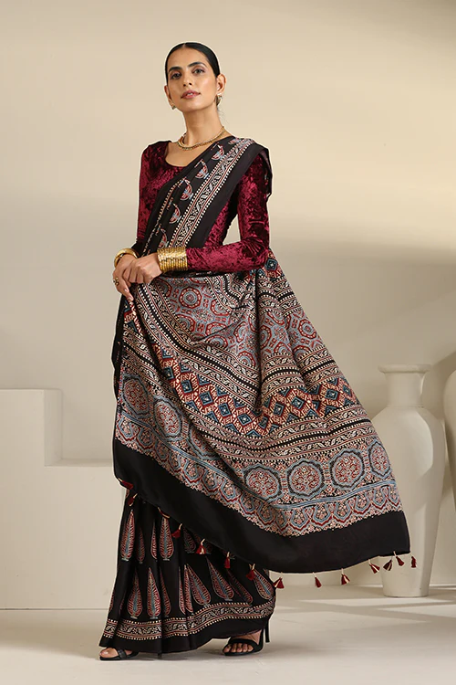 TENAARO  Ajrakh Hand Block Printed Modal Satin Saree - Image 4