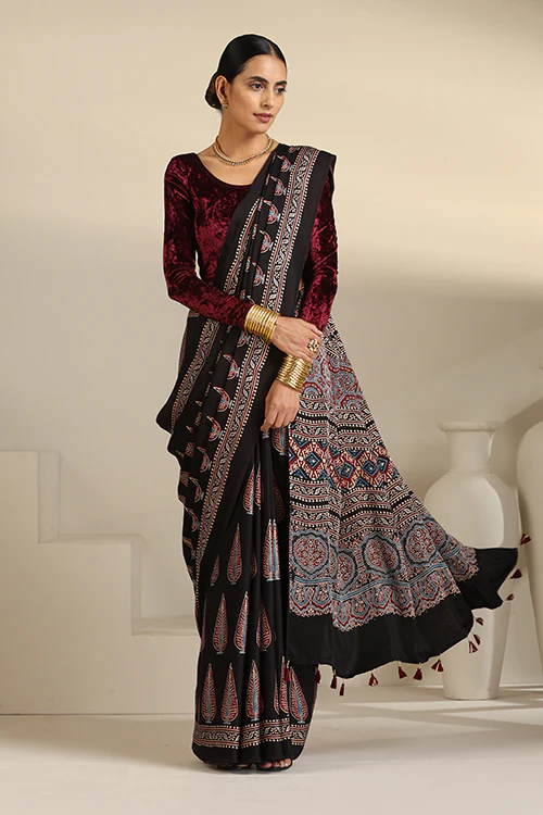 TENAARO  Ajrakh Hand Block Printed Modal Satin Saree - Image 5