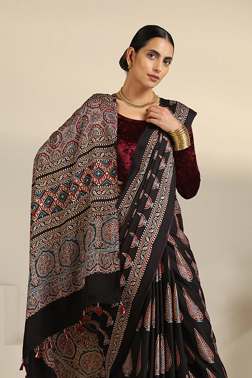 TENAARO  Ajrakh Hand Block Printed Modal Satin Saree - Image 7