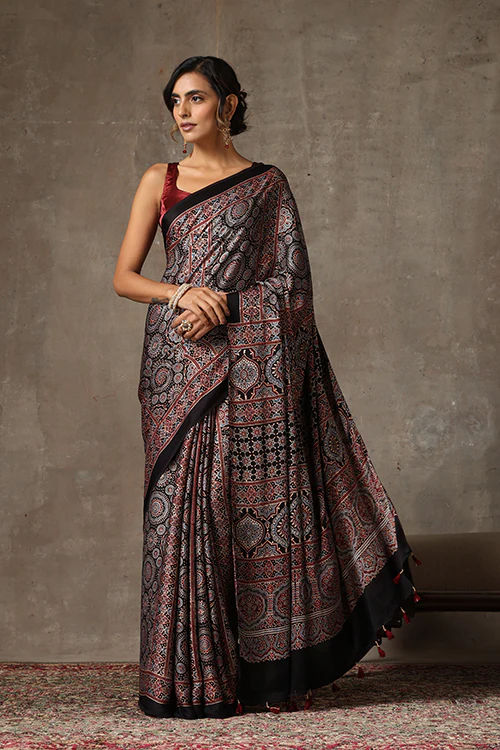 TENAARO  Ajrakh Hand Block Printed Modal Satin Saree - Image 2