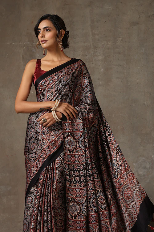TENAARO  Ajrakh Hand Block Printed Modal Satin Saree - Image 3