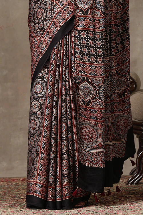 TENAARO  Ajrakh Hand Block Printed Modal Satin Saree - Image 4