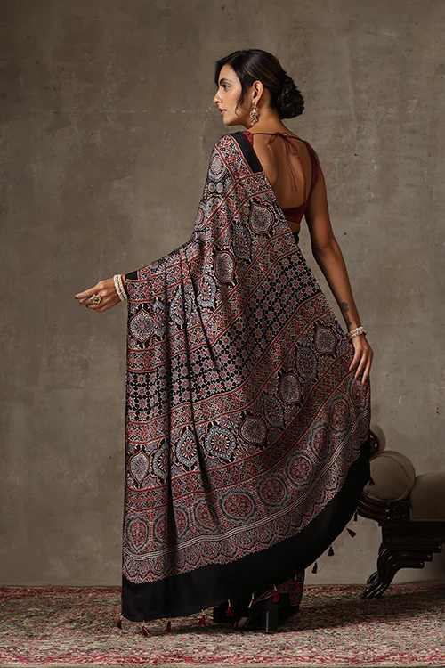 TENAARO  Ajrakh Hand Block Printed Modal Satin Saree - Image 5