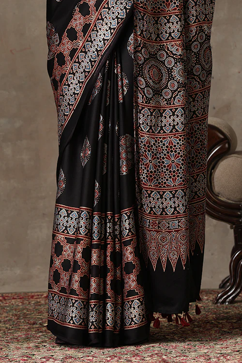 TENAARO  Ajrakh Hand Block Printed Modal Satin Saree - Image 2