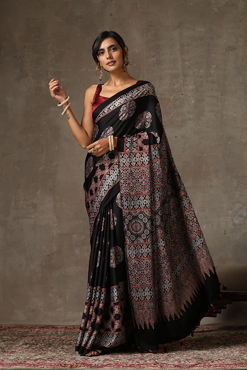 TENAARO  Ajrakh Hand Block Printed Modal Satin Saree - Image 3