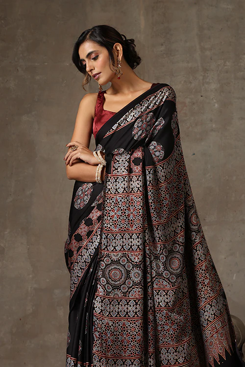 TENAARO  Ajrakh Hand Block Printed Modal Satin Saree - Image 4