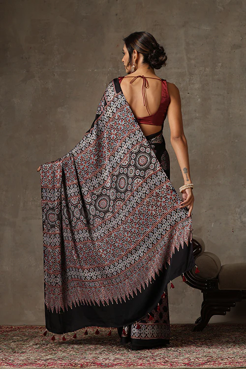 TENAARO  Ajrakh Hand Block Printed Modal Satin Saree - Image 5