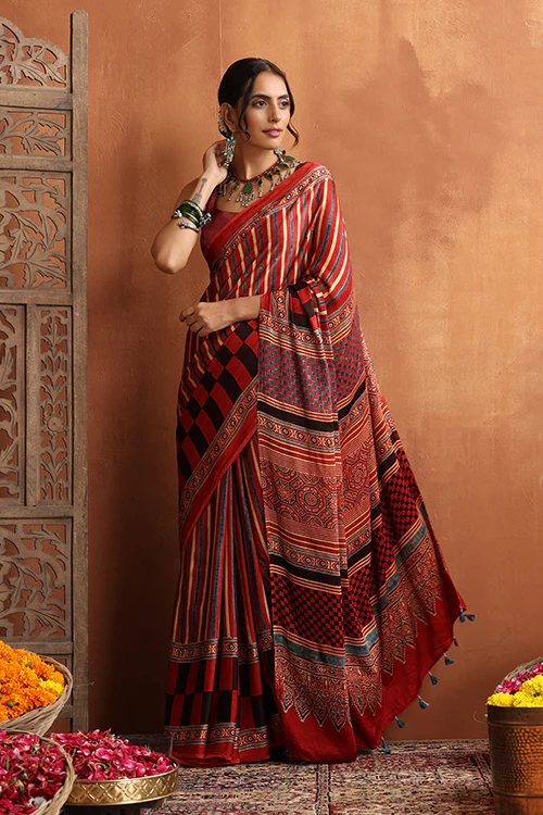 TENAARO Ajrakh Hand Block Printed Modal Satin Saree