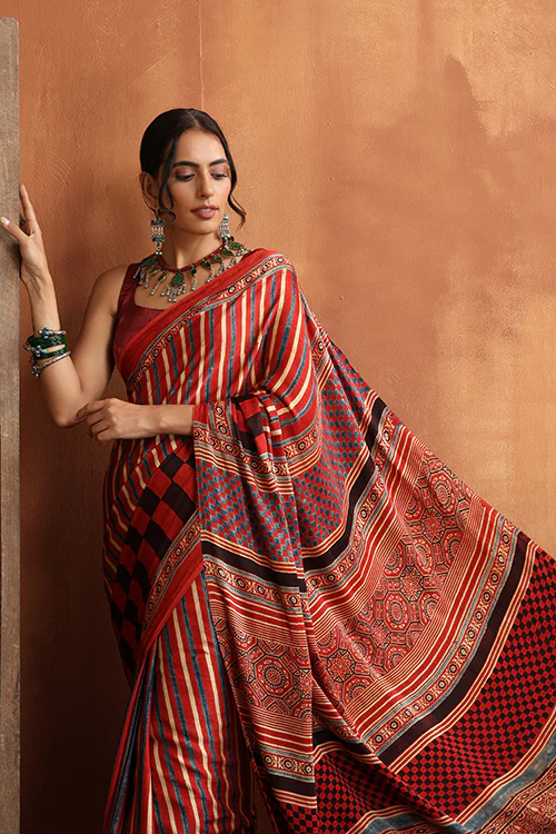 TENAARO Ajrakh Hand Block Printed Modal Satin Saree - Image 2