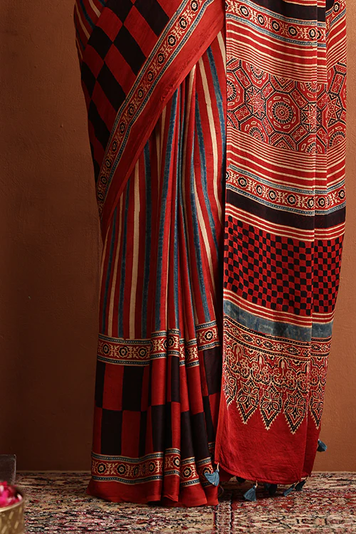 TENAARO Ajrakh Hand Block Printed Modal Satin Saree - Image 3