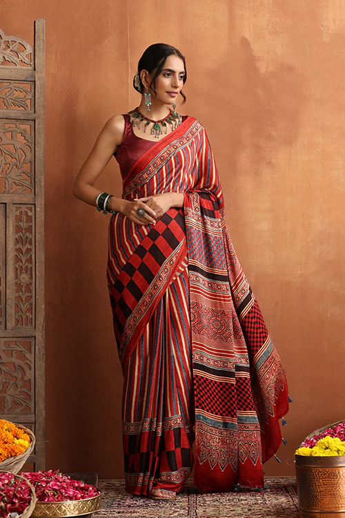 TENAARO Ajrakh Hand Block Printed Modal Satin Saree - Image 4