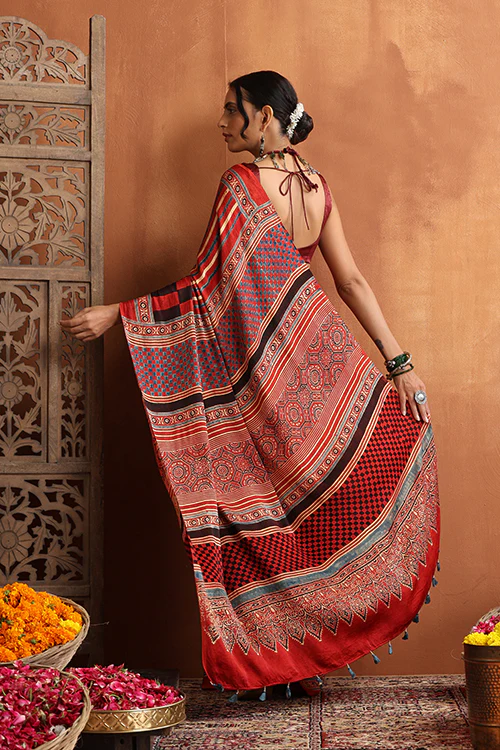 TENAARO Ajrakh Hand Block Printed Modal Satin Saree - Image 5