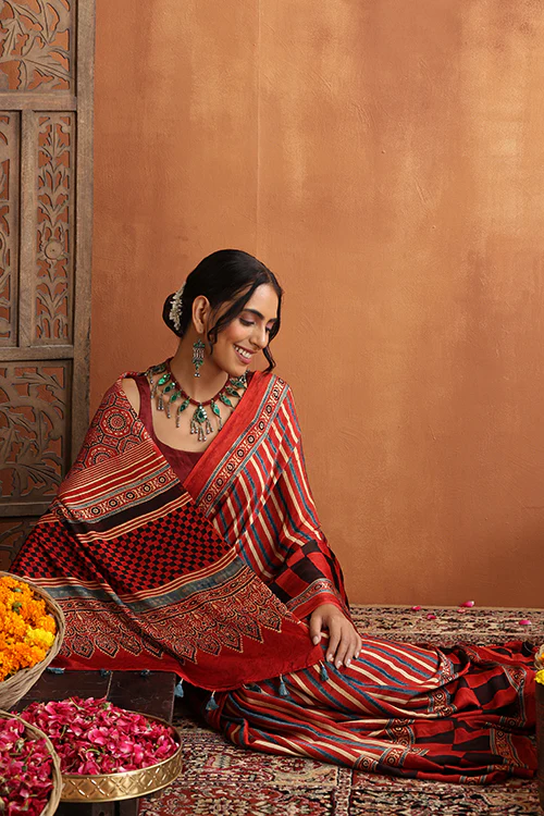 TENAARO Ajrakh Hand Block Printed Modal Satin Saree - Image 6