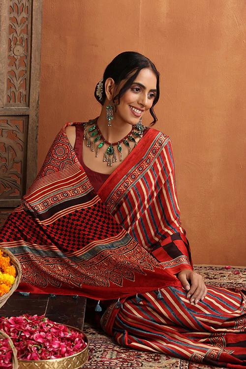 TENAARO Ajrakh Hand Block Printed Modal Satin Saree - Image 7