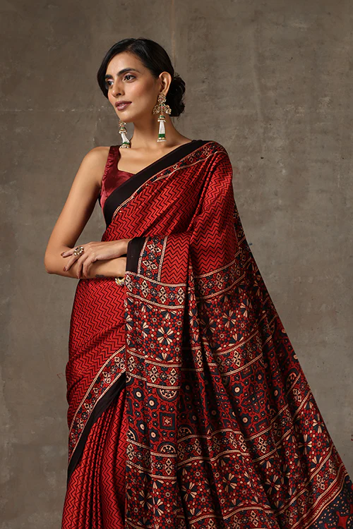 TENAARO Ajrakh Hand Block Printed Modal Satin Saree - Image 2