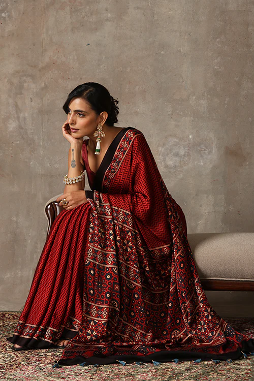 TENAARO Ajrakh Hand Block Printed Modal Satin Saree - Image 3