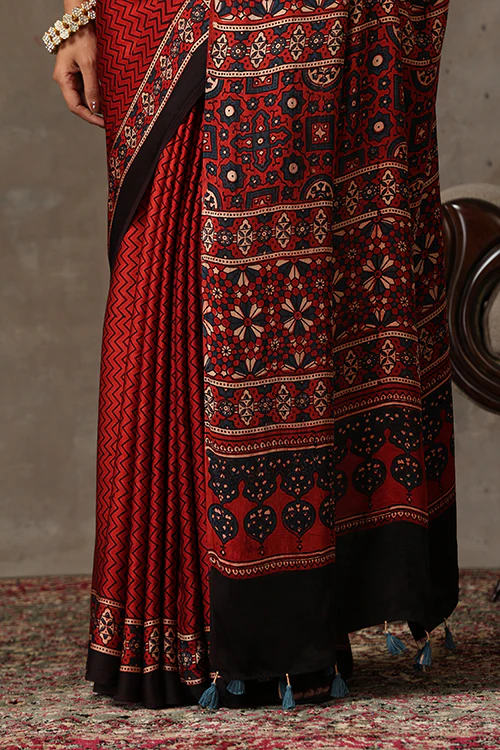 TENAARO Ajrakh Hand Block Printed Modal Satin Saree - Image 4