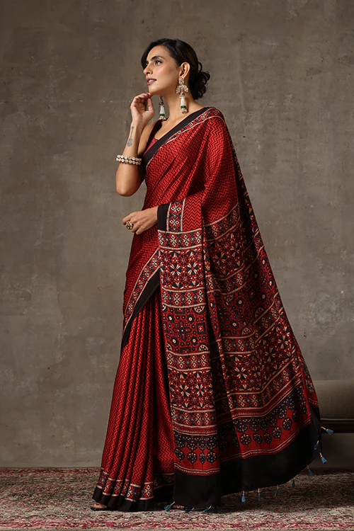 TENAARO Ajrakh Hand Block Printed Modal Satin Saree - Image 5