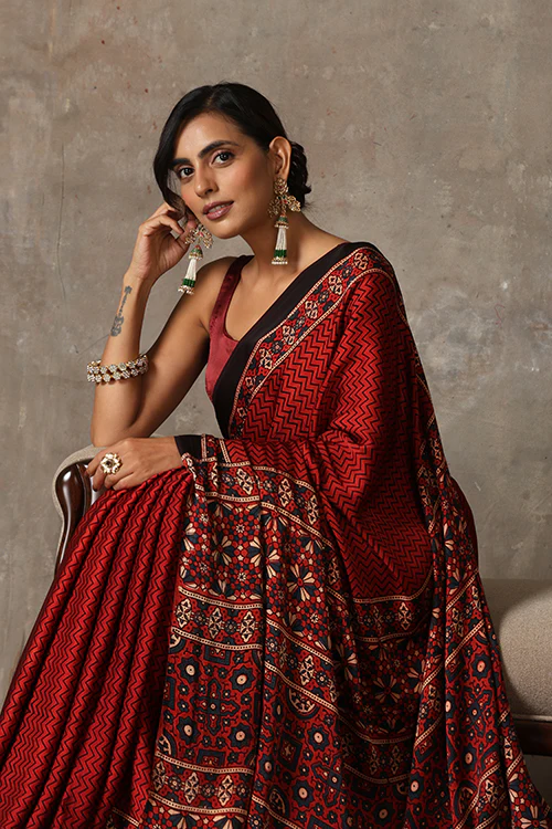 TENAARO Ajrakh Hand Block Printed Modal Satin Saree - Image 6