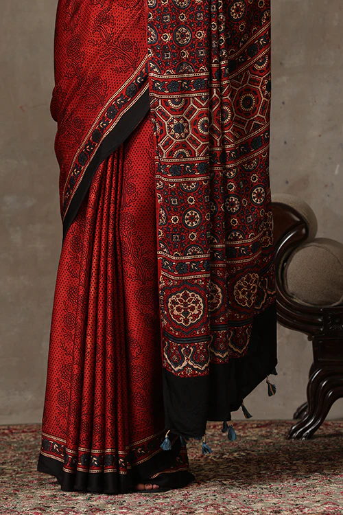 TENAARO Ajrakh Hand Block Printed Modal Satin Saree - Image 2
