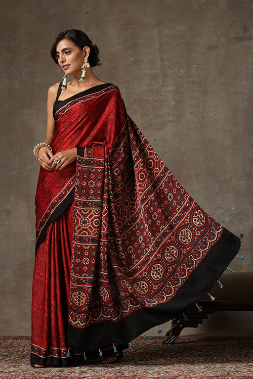TENAARO Ajrakh Hand Block Printed Modal Satin Saree - Image 3