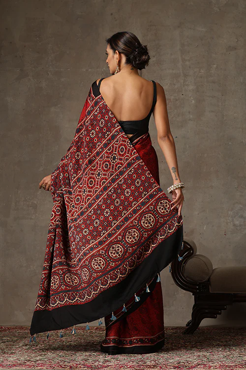 TENAARO Ajrakh Hand Block Printed Modal Satin Saree - Image 4