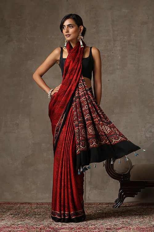 TENAARO Ajrakh Hand Block Printed Modal Satin Saree - Image 5