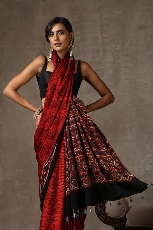 TENAARO Ajrakh Hand Block Printed Modal Satin Saree - Image 6
