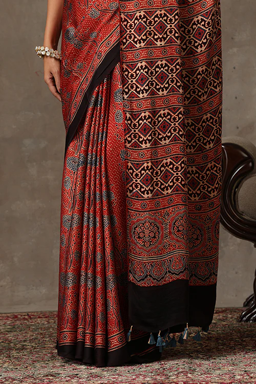 TENAARO Ajrakh Hand Block Printed Modal Satin Saree - Image 2