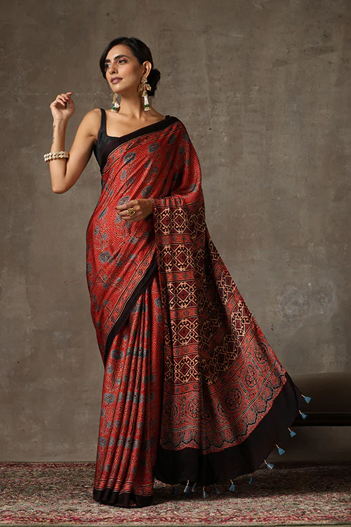 TENAARO Ajrakh Hand Block Printed Modal Satin Saree - Image 3