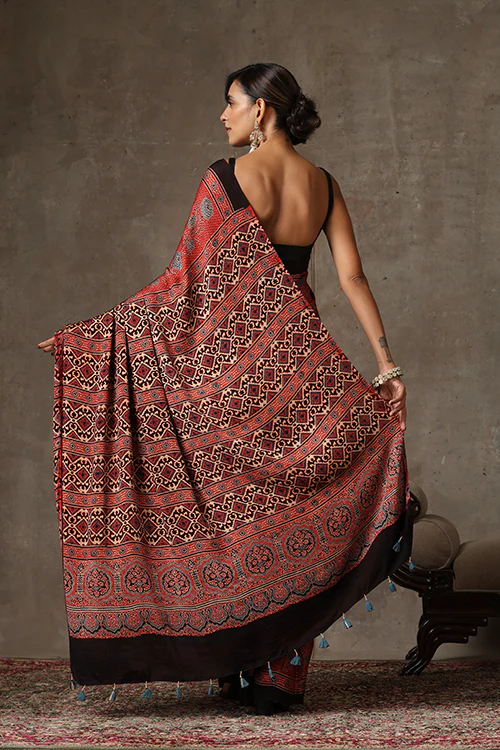 TENAARO Ajrakh Hand Block Printed Modal Satin Saree - Image 4