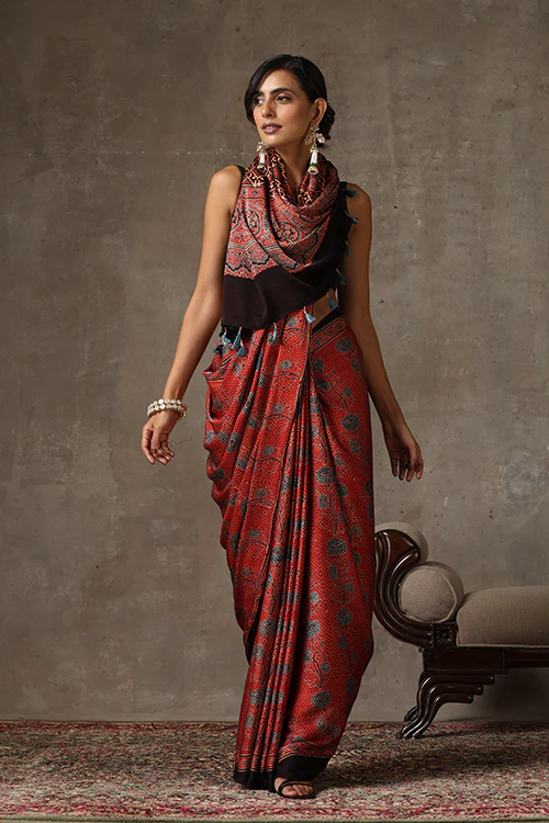 TENAARO Ajrakh Hand Block Printed Modal Satin Saree - Image 5