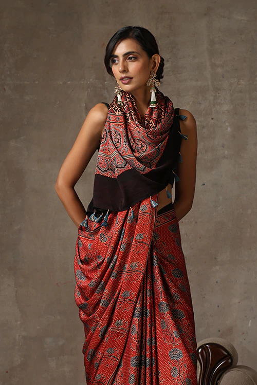 TENAARO Ajrakh Hand Block Printed Modal Satin Saree - Image 6